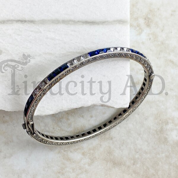 A Gorgeous Vintage Art Deco Bangle Bracelet, Sterling Silver with Sapphire Blue and Clear Square Rhinestones, Circa 1930's