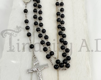Vintage Sterling Silver Rosary with 6.0 mm Round Black Glass Beads, Oval Centerpiece and 2" x 1 1/8" Rhodium Plated Crucifix.