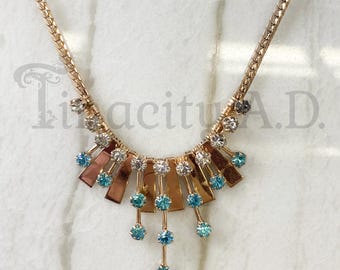 Vintage 1950's Era Choker Necklace, Yellow Gold-Filled with Clear and Teal Colored Rhinestone Spray Design