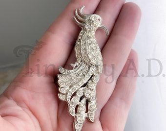 A Fun Vintage Cockatoo Bird Pin with Feathered Crest and Attitude, Chock Full of Rhinestones, Circa 1940's