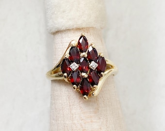 A Vintage 14k Yellow Gold, Garnet and Diamond Ring Featuring Marquise Cut Vivid Red Garnets in a Diamond-Shaped Cluster, Circa 1980's