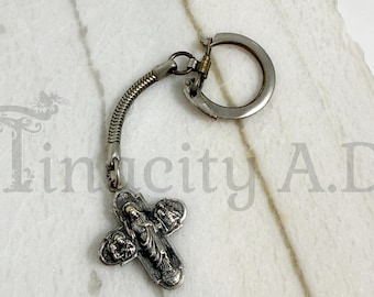 Vintage Silver Tone Key Chain Featuring Sacred Heart Auto League Four Way Cross, Circa 1950's
