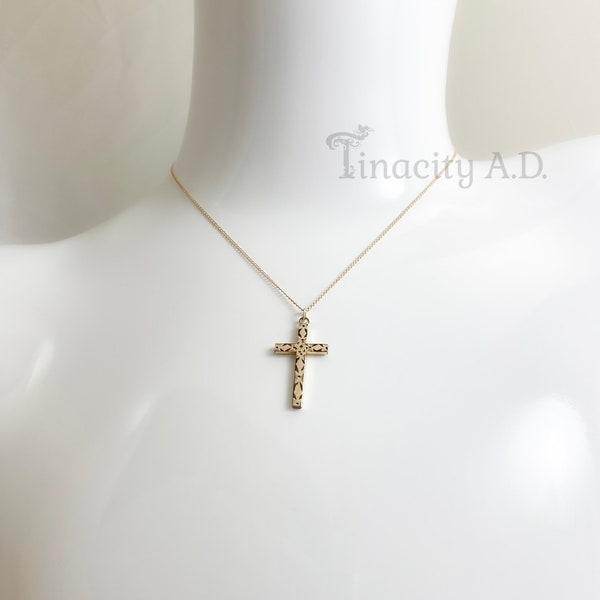A Vintage Victorian Revival Fancy Engraved Gold-Filled Cross Pendant with Fine Chain, Circa 1930's