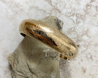A Gorgeous Domed Antique 10k Yellow Gold Victorian Hinged Bangle Bracelet with 1861 Engraved Date and Fancy Script Initials
