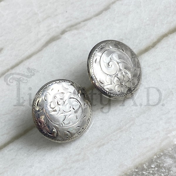 A Vintage Pair of Lovely Victorian Revival Hand-Engraved Button Earrings, Sterling Silver with Pierced Posts, Circa 1950's