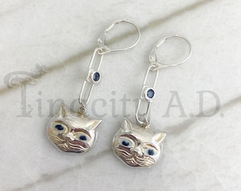 Vintage Sterling Silver Cat Face Dangles, Blue Sapphire Accents, Lever Back Earrings