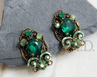 Pair of Vintage Earrings Featuring Shades of Green Rhinestones and Enameling with Gold-Tone Filigree Settings, Non-Pierced, circa 1940's