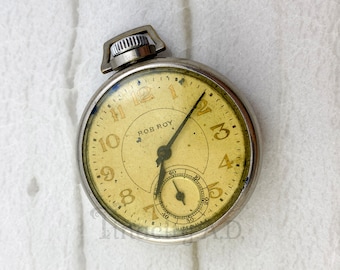 Vintage Silver Tone Rob Roy Open Case Pocket Watch with Plastic Crystal, Circa 1930s