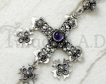 Vintage Sterling Silver Mexican Cross Pendant: Amethyst, Twisted Wire, 28-Inch Chain