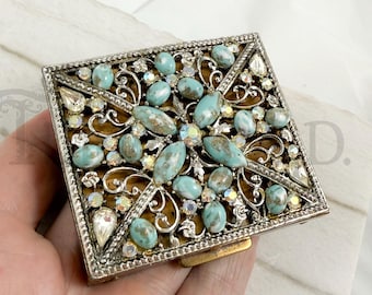 Vintage 1960's Era Compact, Gold-Tone, Elaborately Decorated Top with Imitation Turquoise and Rhinestones (Mirror Missing)