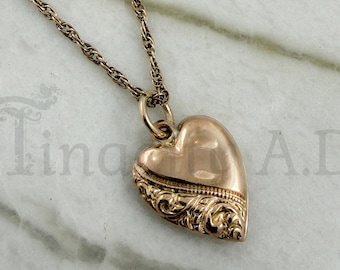 Antique Edwardian Puffed Heart Pendant/Charm with 18 1/2-Inch Loose Rope Link Chain, Gold-Filled, Circa 1900.