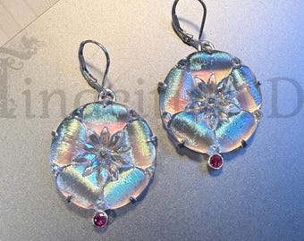 Handmade Dangle Earrings Featuring Antique Iridescent Glass Flowers Set in Sterling Silver with Ruby Accents.