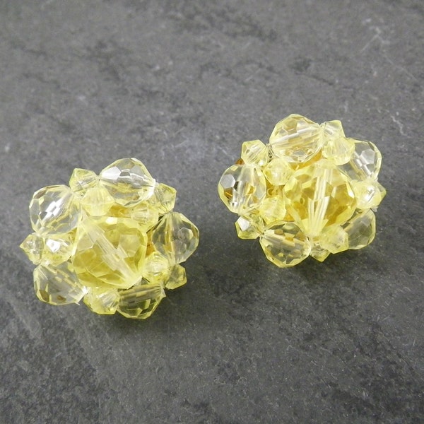 Pair of West German-Made Pastel Yellow Vintage Plastic Bead Cluster Earrings, Circa 1950