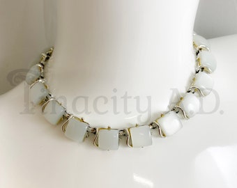 Vintage Coro Adjustable Choker Necklace with Square Moonstone-Colored Thermoset  "Stones" in a Silver-Tone Mounting, Circa 1960's