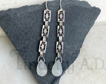 A Delicate Pair of Long Dangle Earrings Featuring Vintage Gold-FIlled Filigree Links and Faceted Briolette Moonstones