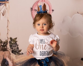 Miss Onederful , 1st Birthday Outfit Girl, Rose Girl Tutu Baby Girl First Birthday Outfit Baby Girl, Tutu Birthday Set, Rose Gold Navy Tutu