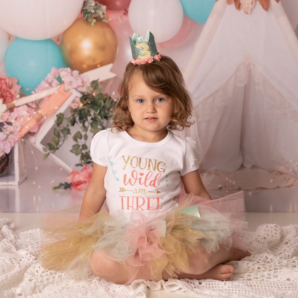 Young Wild And Three Birthday Outfit, Young Wild And Three Shirt, 3rd Birthday Outfit Girl, Tutu Birthday Outfit, Girls 3rd Birthday outfit
