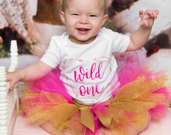 Wild One Tutu Outfit, Wild One Birthday Girl, Smash Cake Outfit, Hot Pink And Gold Tutu Outfit, 1st Birthday Outfit Girl