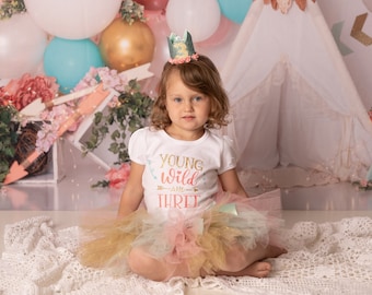 Young Wild And Three Birthday Outfit, Young Wild And Three Shirt, 3rd Birthday Outfit Girl, Tutu Birthday Outfit, Girls 3rd Birthday outfit