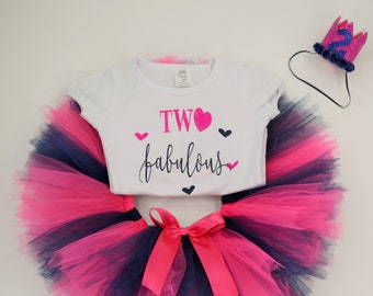 Birthday Outfit, Baby Girl Tutu Outfit Baby, Two Fabulous Birthday Outfit, 2nd Birthday Outfit Girl , Hot Pink Navy Tutu Outfit Baby Girl