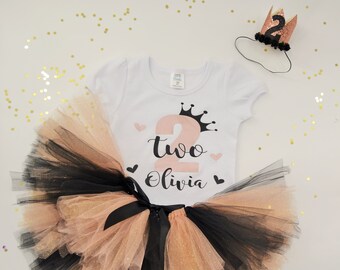 2nd Birthday Outfit Girl, Rose Girl Tutu Baby Girl Second Birthday Outfit Baby Girl, Custom Birthday Outfit For Girls, Rose Gold Black Tutu
