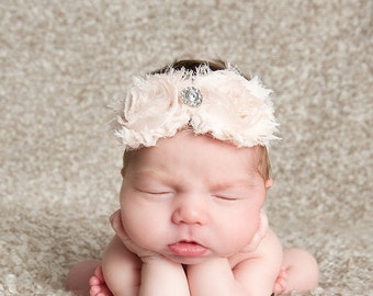 Shabby Chic Headband, Baby Girl Headbands And Bows, Ivory Headbands, Baptism Headband For Baby Girl, Shabby Headbands, Flower Headband