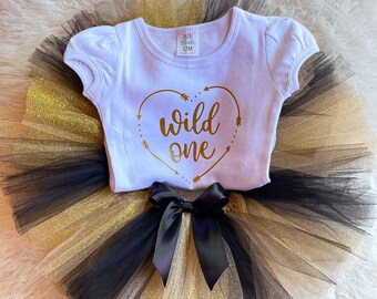 Wild One Birthday Girl Outfit, Wild One Birthday Outfit Baby Girl, First Birthday Outfit, Wild One Birthday, Black And Gold Tutu Outfit