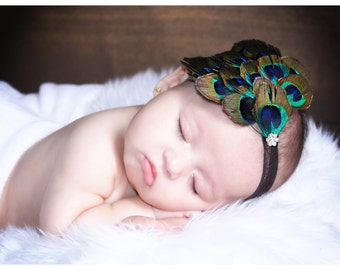 Diadema de plumas para bebé y lazos, diademas de pavo real para bebé niña, tocado de pavo real, diademas para recién nacidas niña
