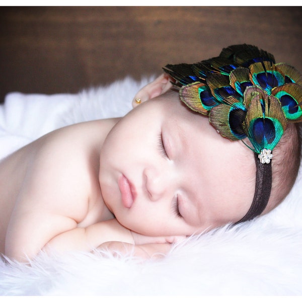 Feather Headband Baby Headband And Bows, Peacock Baby Headbands Baby Girl, Peacock Fascinator Headpiece, Newborn Headbands Baby Girl