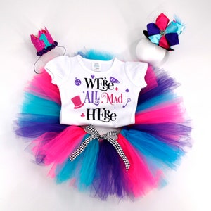 Alice In Wonderland Birthday Outfit, We're All Mad Here T-Shirt Birthday Girl, Tutu Birthday Outfit, Tea Party Birthday Shirt Baby Girl image 1