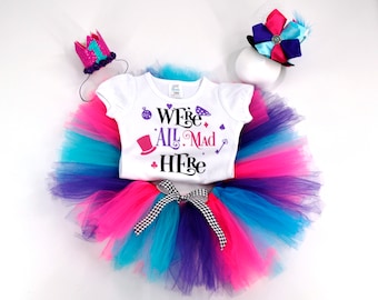 Alice In Wonderland Birthday Outfit, We're All Mad Here T-Shirt Birthday Girl, Tutu Birthday Outfit, Tea Party Birthday Shirt Baby Girl