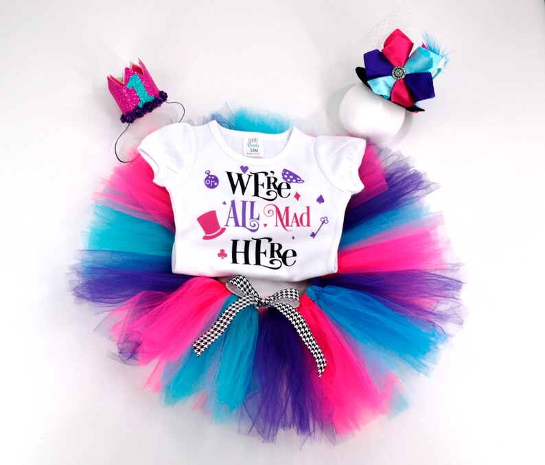 Alice In Wonderland Birthday Outfit, We're All Mad Here T-Shirt Birthday Girl, Tutu Birthday Outfit, Tea Party Birthday Shirt Baby Girl image 1