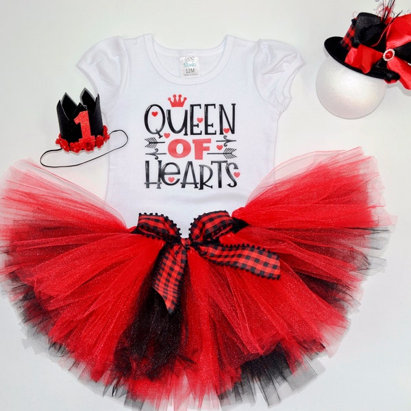 Queen Of Hearts Outfit, 1st Birthday Girl Outfit, Tutu Outfits for Baby Girls, Queen Of Hearts Tshirt, Alice In Wonderland Tutu Set