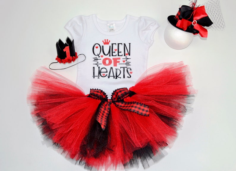 Queen Of Hearts Outfit, 1st Birthday Girl Outfit, Tutu Outfits for Baby Girls, Queen Of Hearts Tshirt, Alice In Wonderland Tutu Set image 2