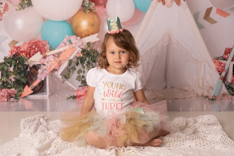 Young Wild And Three Birthday Outfit, Young Wild And Three Shirt, 3rd Birthday Outfit Girl, Tutu Birthday Outfit, Girls 3rd Birthday outfit image 1