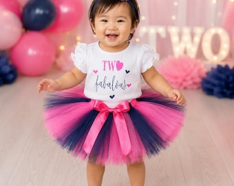 Birthday Outfit, Baby Girl Tutu Outfit Baby, Two Fabulous Birthday Outfit, 2nd Birthday Outfit Girl , Hot Pink Navy Tutu Outfit Baby Girl