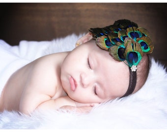 Peacock Baby Headband, Newborn Headband Prop, Baby Girl Feather Headband, Infant Headbands, Baby Bows And Headbands, Flapper Headpiece