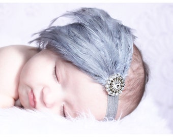 Feather Baby Headband, Newborn Bows, Baby Girls Headbands, Baby Headband, Baby Girl Photo Prop Baby, Fascinator Headband, Gray Headbands