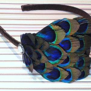 May include: A brown headband with a peacock feather embellishment. The feathers are blue, green, and brown. A white pearl-like button is attached to the headband.