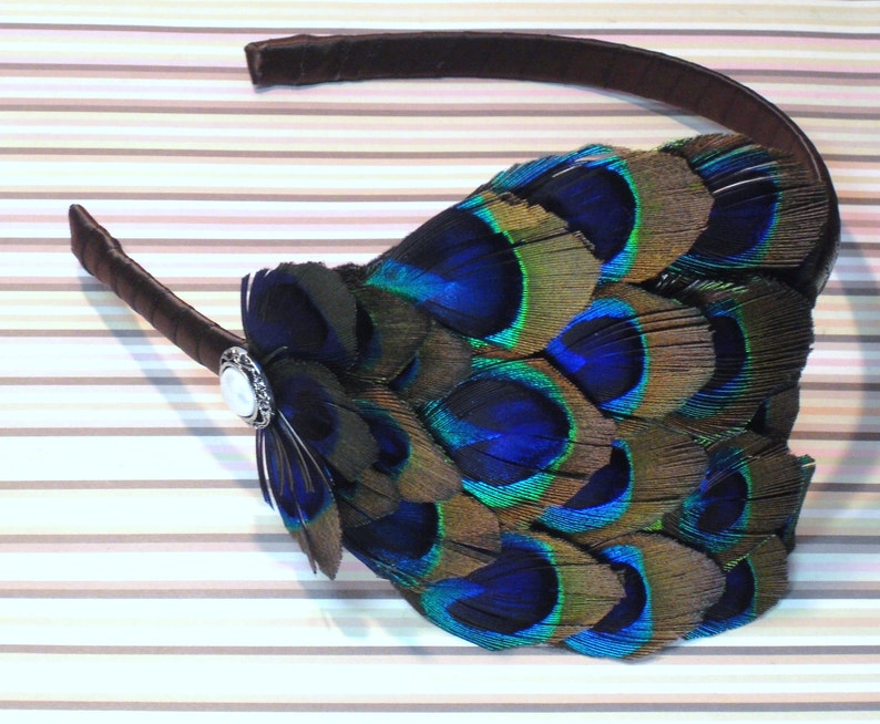 May include: A brown headband with a peacock feather embellishment. The feathers are blue, green, and brown. A white pearl-like button is attached to the headband.