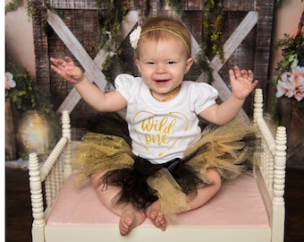 Wild One Birthday Girl Outfit, Wild One Birthday Outfit Baby Girl, First Birthday Outfit, Wild One Birthday, Black And Gold Tutu Outfit