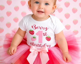 Conjunto de cumpleaños de fresa, conjunto de tutú de fresa para primer cumpleaños, camiseta de niña para primer cumpleaños, conjunto de fresa para primer cumpleaños, camiseta de cumpleaños para bebé niña