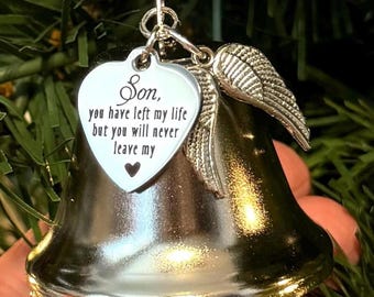 Adorno navideño con forma de campana conmemorativa para el hijo: «Hijo, te fuiste de mi vida, pero nunca te irás de mi corazón». Regalo de condolencias por la pérdida de un hijo.