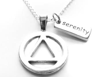 Alcoholics Anonymous symbol sobriety necklace  sterling silver AA NA GA box