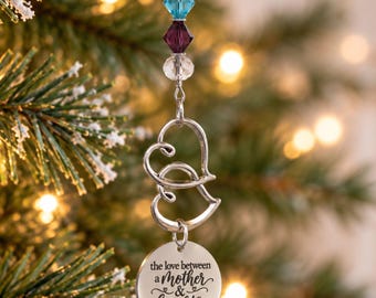 Personalized Mother Daughter Christmas Ornament, Birthstone Crystal Keepsake, Double Heart Gift for Mom