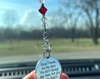 Best Friend Gifts, “Good Friends Are Like Stars” Personalized Crystal Rearview Mirror Car Charm