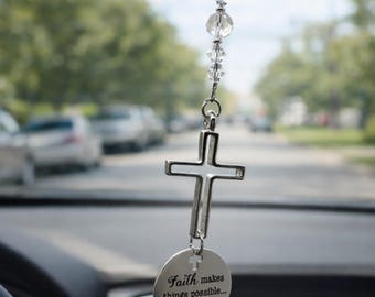 Christian Car Charm Gift, Faith Makes Things Possible Not Easy Cross Rearview Mirror Suncatcher Ornament