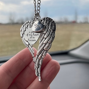 Personalized Memorial Gift, Silver Wings, "A Piece Of My Heart Is In Heaven" Memorial Ornament, Rear View Mirror Car Auto Charm Gift