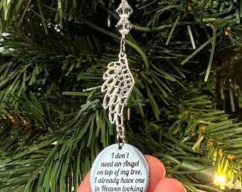 Heaven Christmas Ornament, I Don’t Need An Angel On My Tree, Memorial Angel Wings Ornament, Beaded Crystal Remembrance Gift