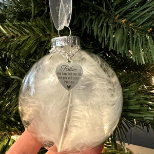 Memorial Christmas Ornament for Father – White Feather Glass Ornament – Loss of Dad Sympathy Gift Keepsake
